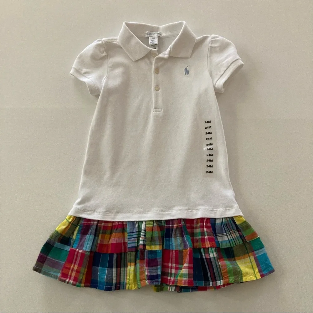 Ralph Lauren Baby Girl 24 Months White Polo Dress Plaid Trim Ruffle Spring